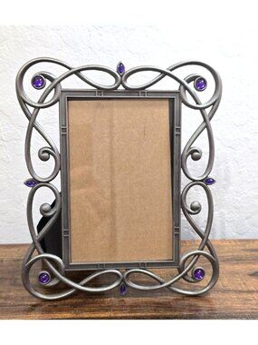 Pewter Scroll Picture Frame Purple Gemstones - 4x6 Tabletop Or Wall Mount